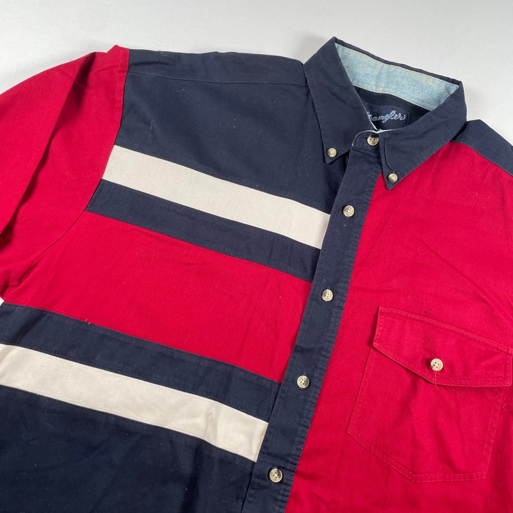 VTG Wrangler Western Shirt L Color Block Red Blue‎ Beige Long Sleeve Flaw